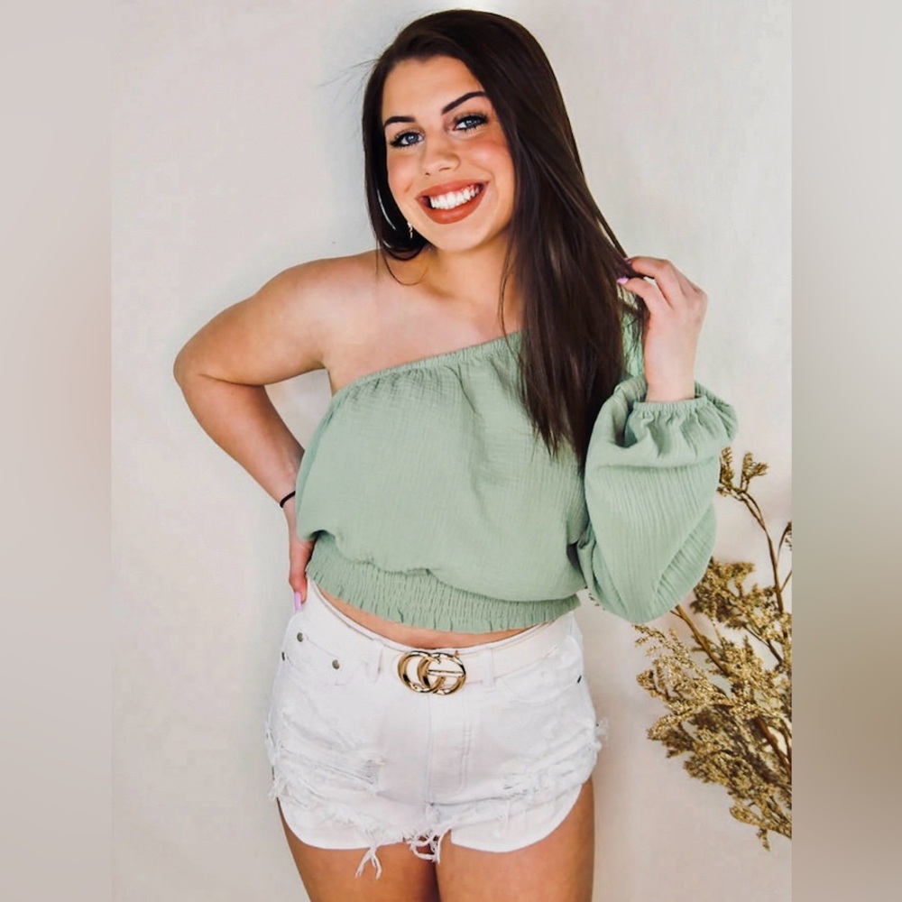 Le Lis Sage Green One-Shoulder Blouse